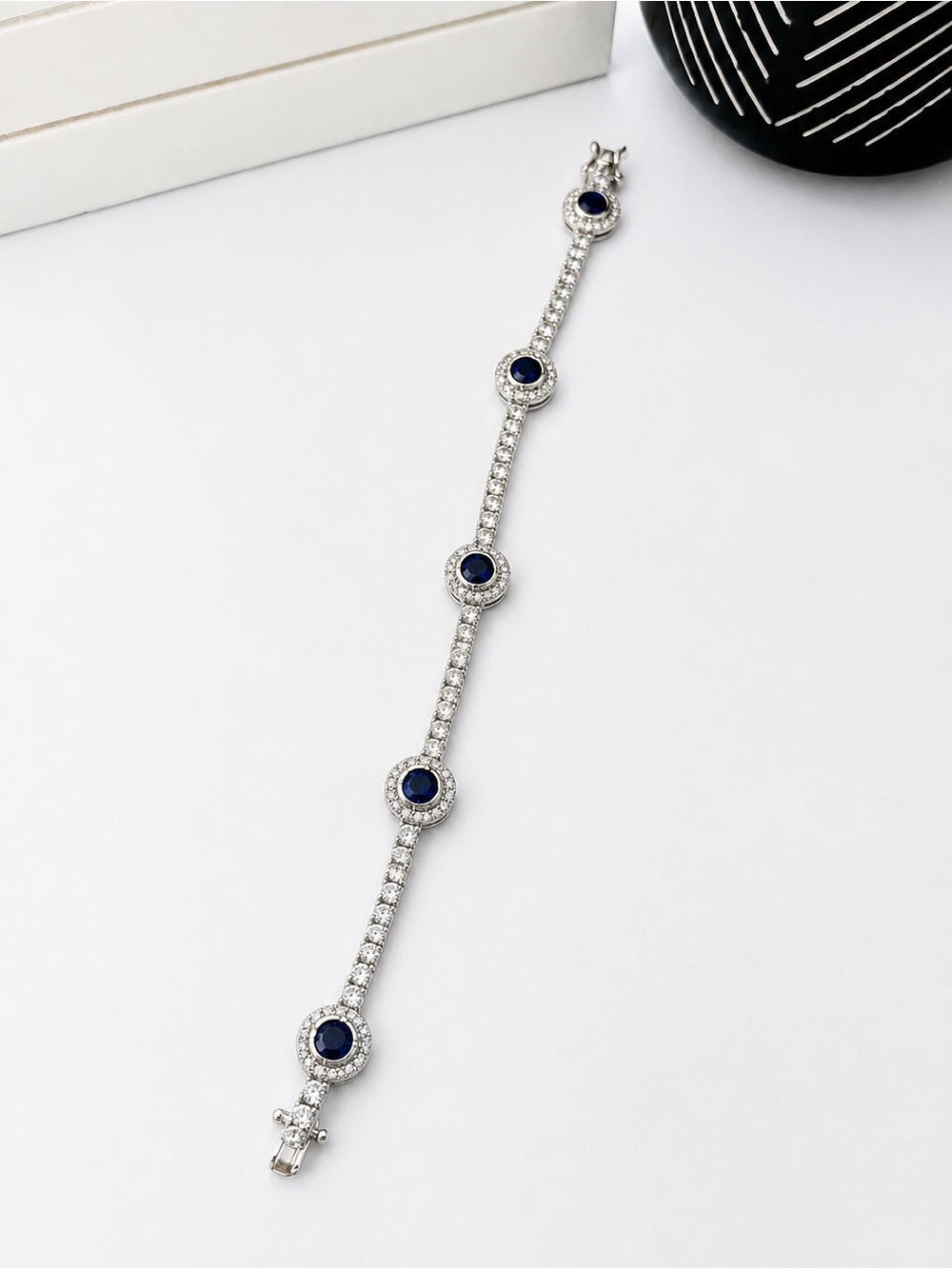 925 Sterling Silver Blue Sapphire wnd Cubic Zirconia Tennis Bracelet Size 7” - Picture 14 of 16